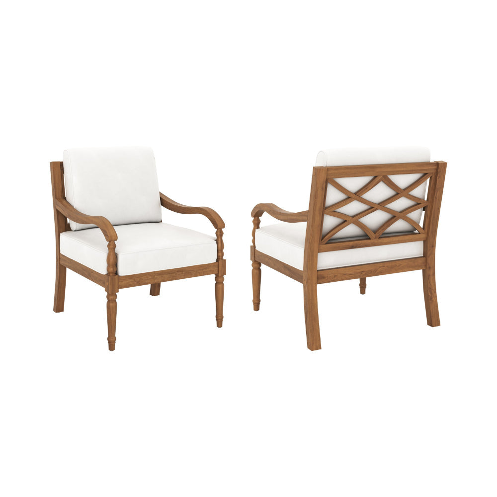 Pena Outdoor Club Armchair Set of 2, White Linen, Brown Acacia Wood