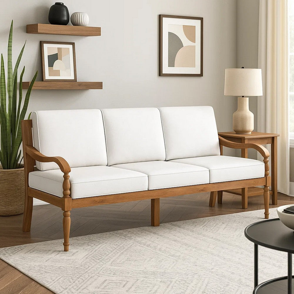 Pena Outdoor Sofa, White Linen Cushions, 76 Inch Brown Acacia Wood