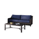 Kyl 2pc Outdoor Sofa and Coffee Table Set, Blue Cushions, Woven Gray