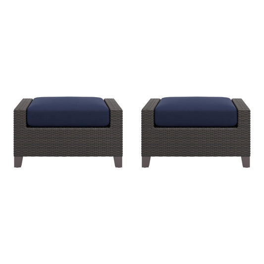 Kyl Outdoor Ottoman Set of 2, 29 Inch Blue Cushioned Top w Woven Gray