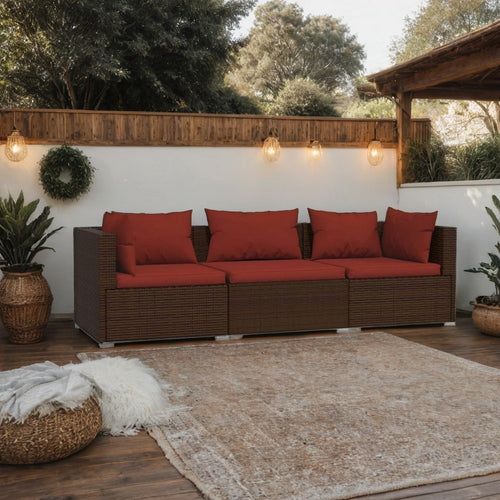 Faye 3pc Outdoor Modular Sectional Sofa Set, 3 Cushions, Red Brown
