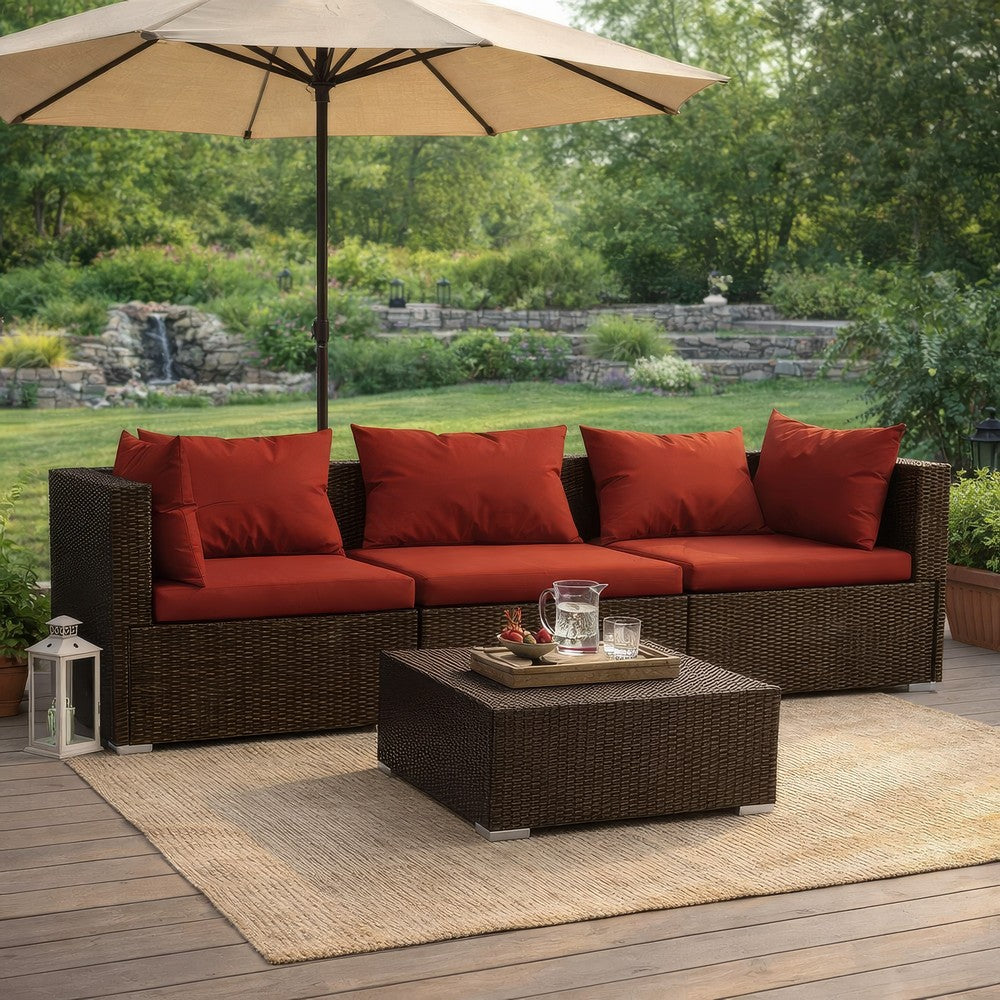 Faye 3pc Outdoor Modular Sectional Sofa Set, 3 Cushions, Red Brown