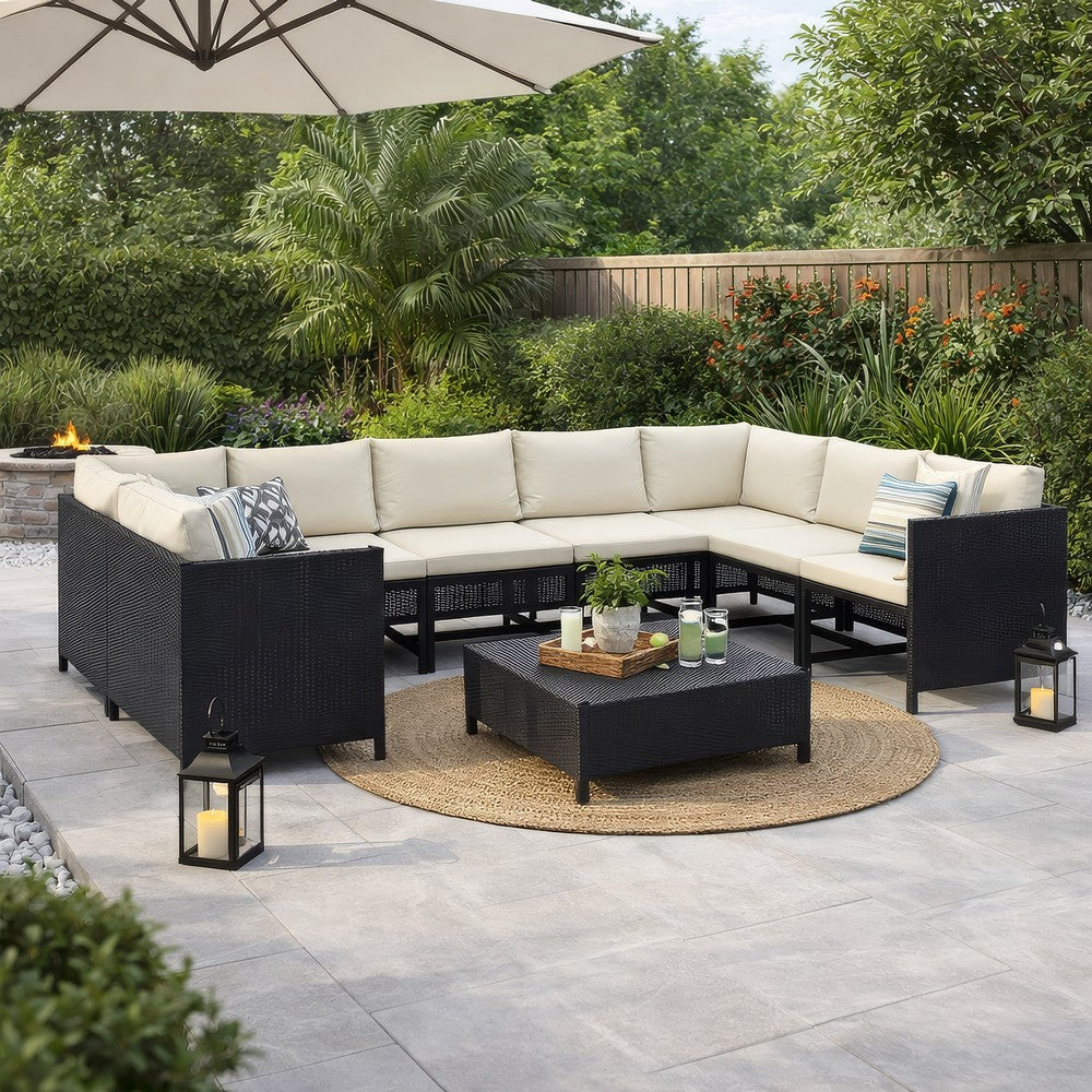 Reno 9pc Outdoor Modular Corner Sofa Set, Ivory Cushions, Black Rattan