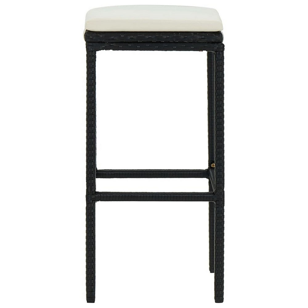 Outdoor Barstool Set of 4, Cream White Cushion, Black Poly Rattan