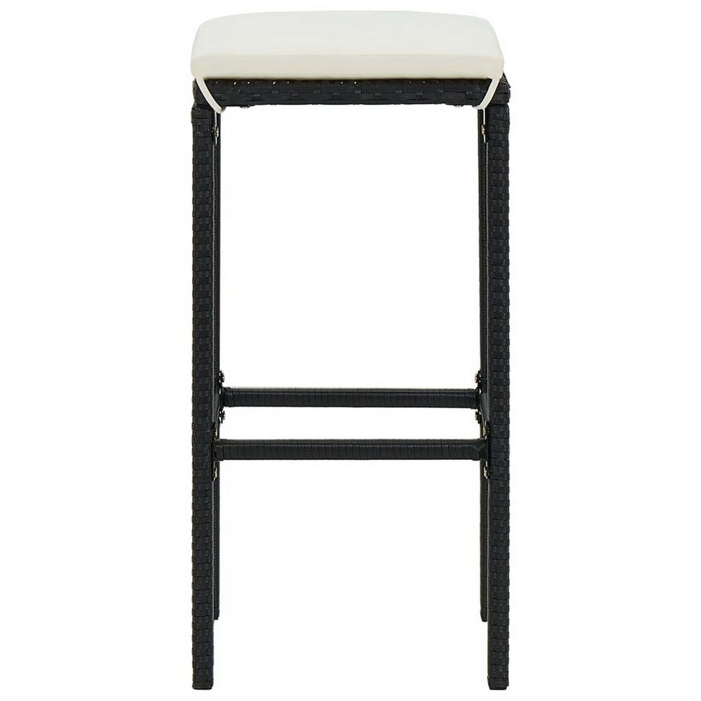 Outdoor Barstool Set of 4, Cream White Cushion, Black Poly Rattan