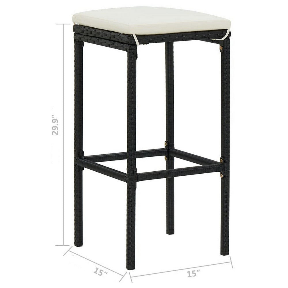 Outdoor Barstool Set of 4, Cream White Cushion, Black Poly Rattan