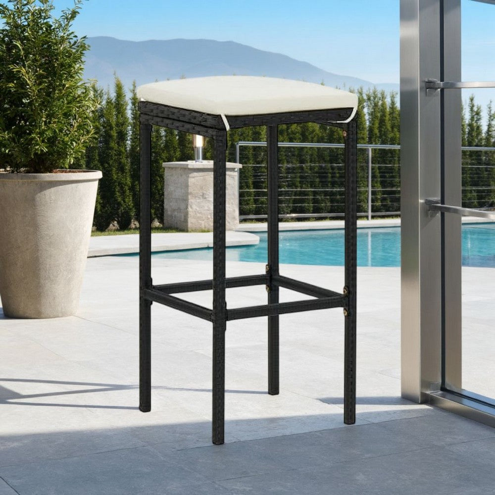 Outdoor Barstool Set of 4, Cream White Cushion, Black Poly Rattan