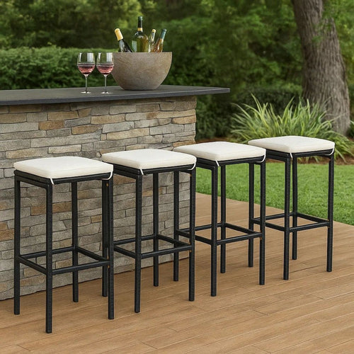 Outdoor Barstool Set of 4, Cream White Cushion, Black Poly Rattan
