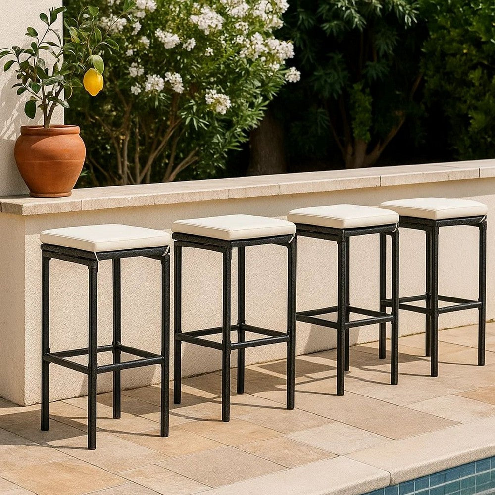 Outdoor Barstool Set of 4, Cream White Cushion, Black Poly Rattan