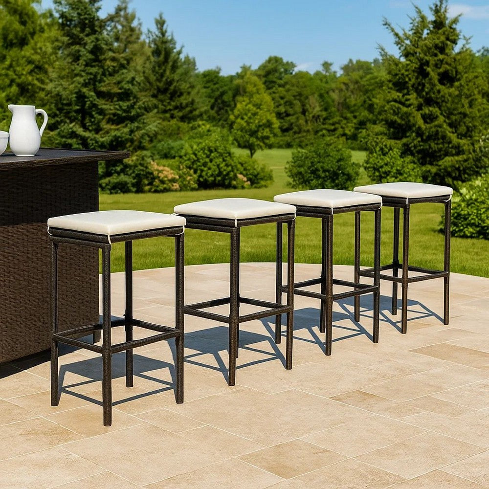 Outdoor Barstool Set of 4, Cream White Cushion, Black Poly Rattan