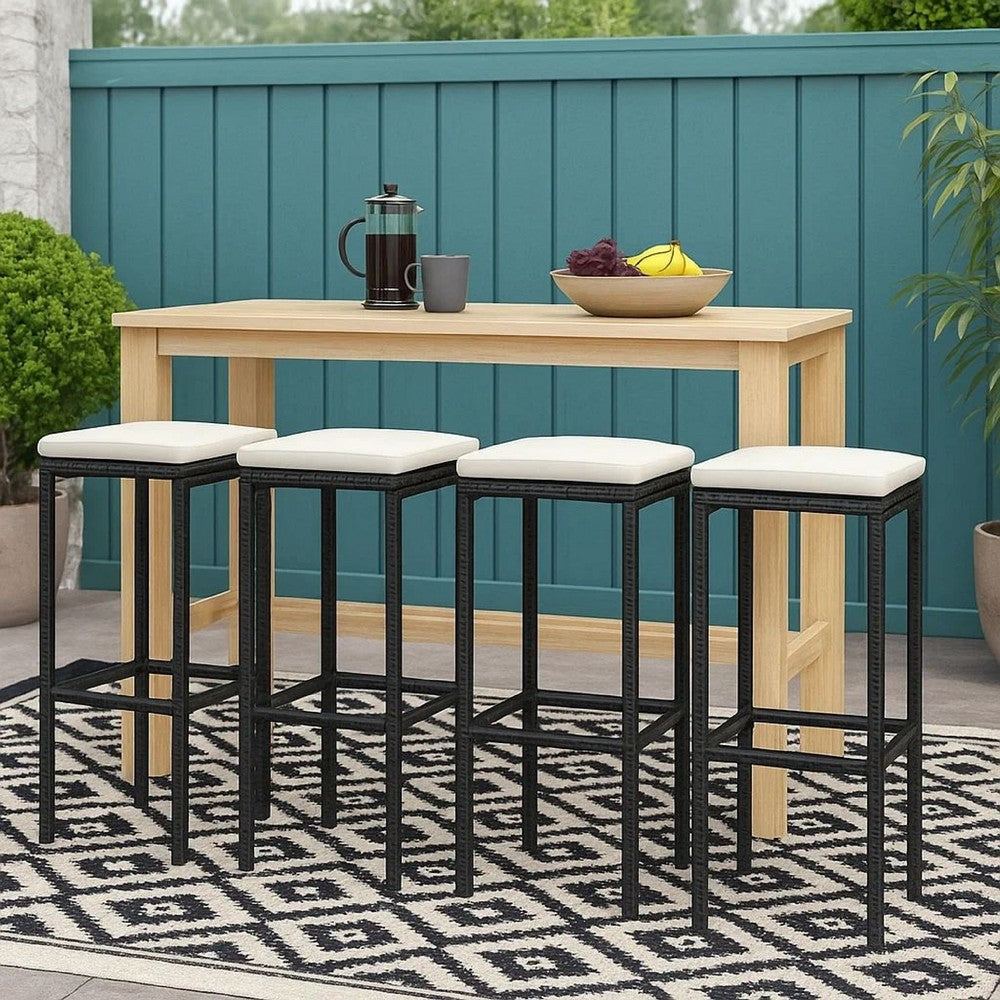 Outdoor Barstool Set of 4, Cream White Cushion, Black Poly Rattan