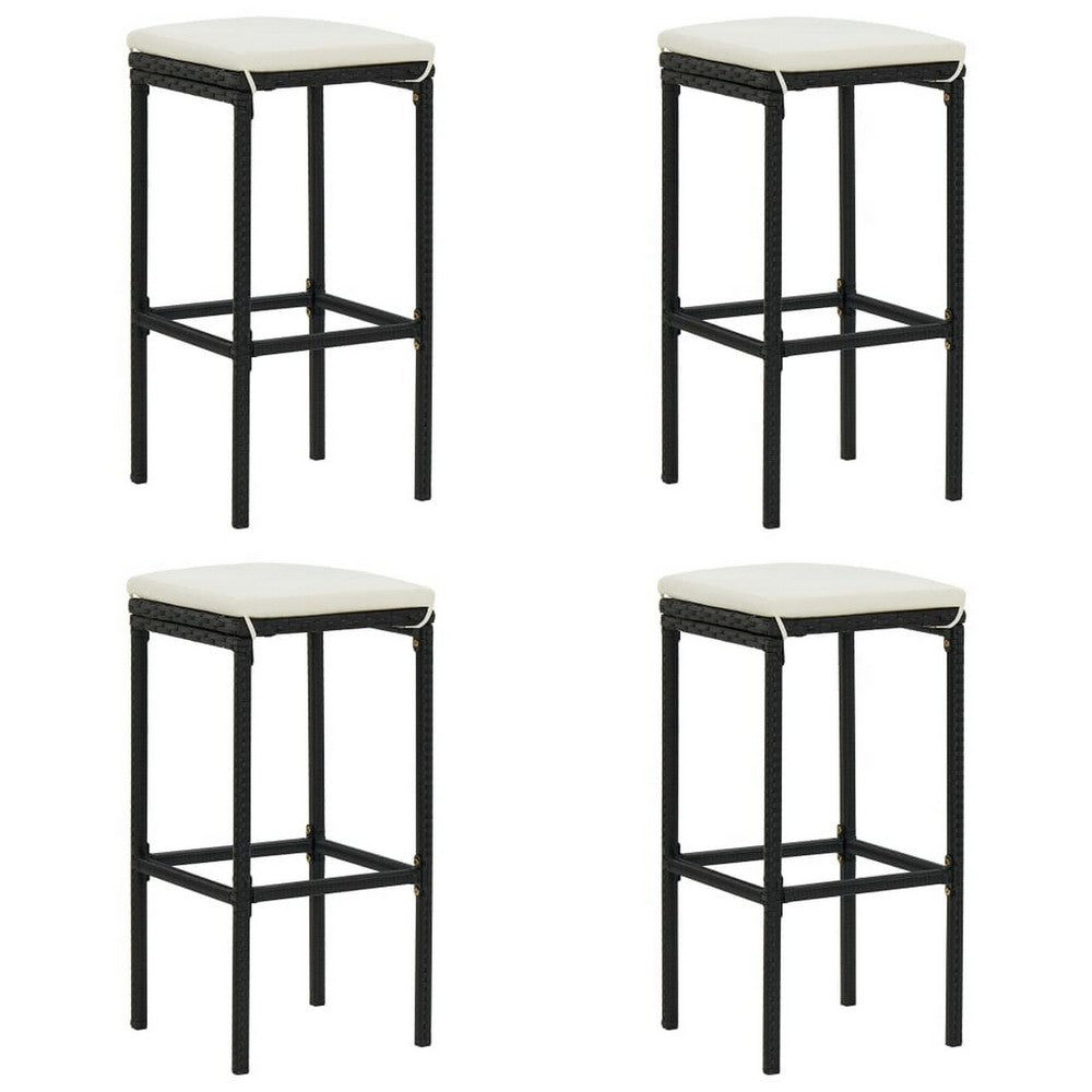 Outdoor Barstool Set of 4, Cream White Cushion, Black Poly Rattan
