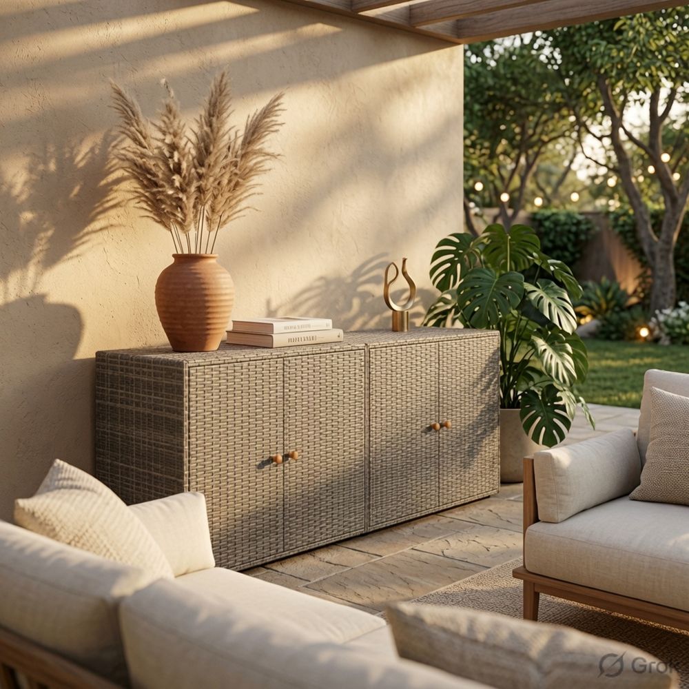 Outdoor Storage Cabinet, 78" Gray Poly Rattan and Brown Solid Wood