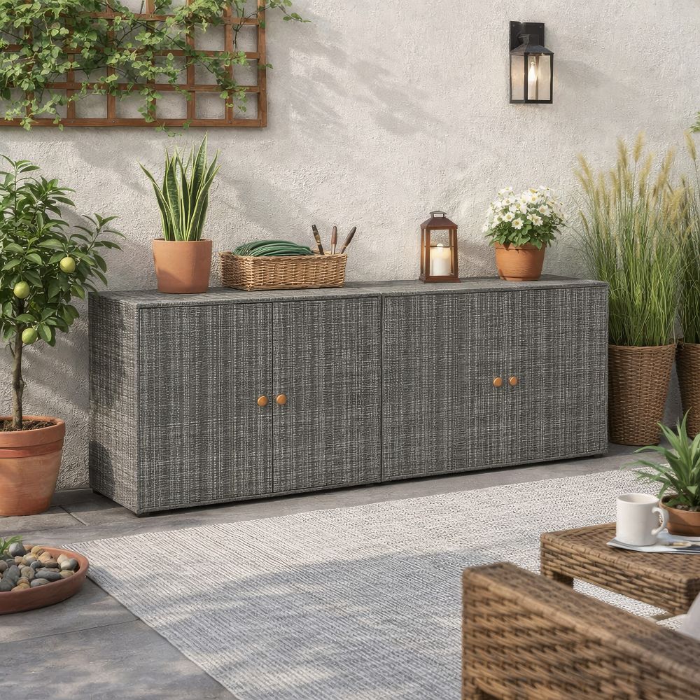 Outdoor Storage Cabinet, 78" Gray Poly Rattan and Brown Solid Wood
