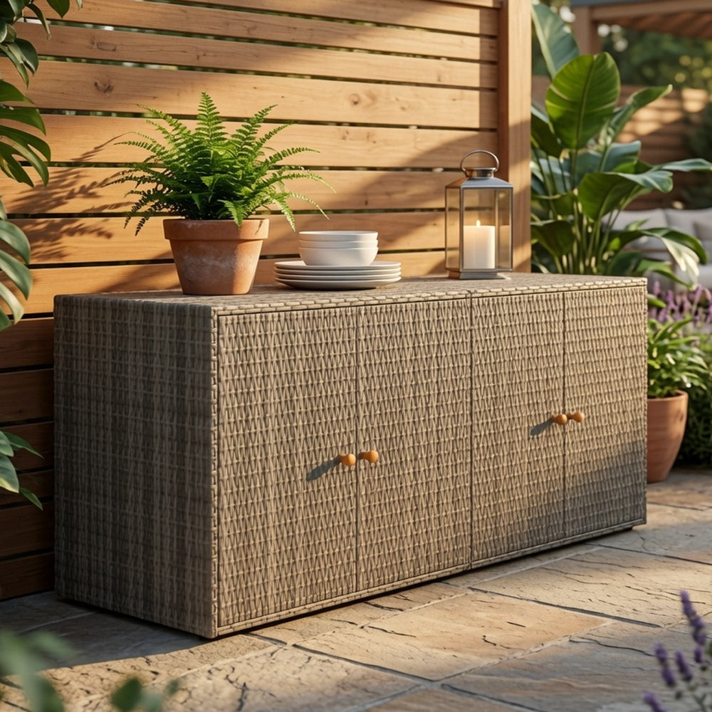 Outdoor Storage Cabinet, 78" Gray Poly Rattan and Brown Solid Wood