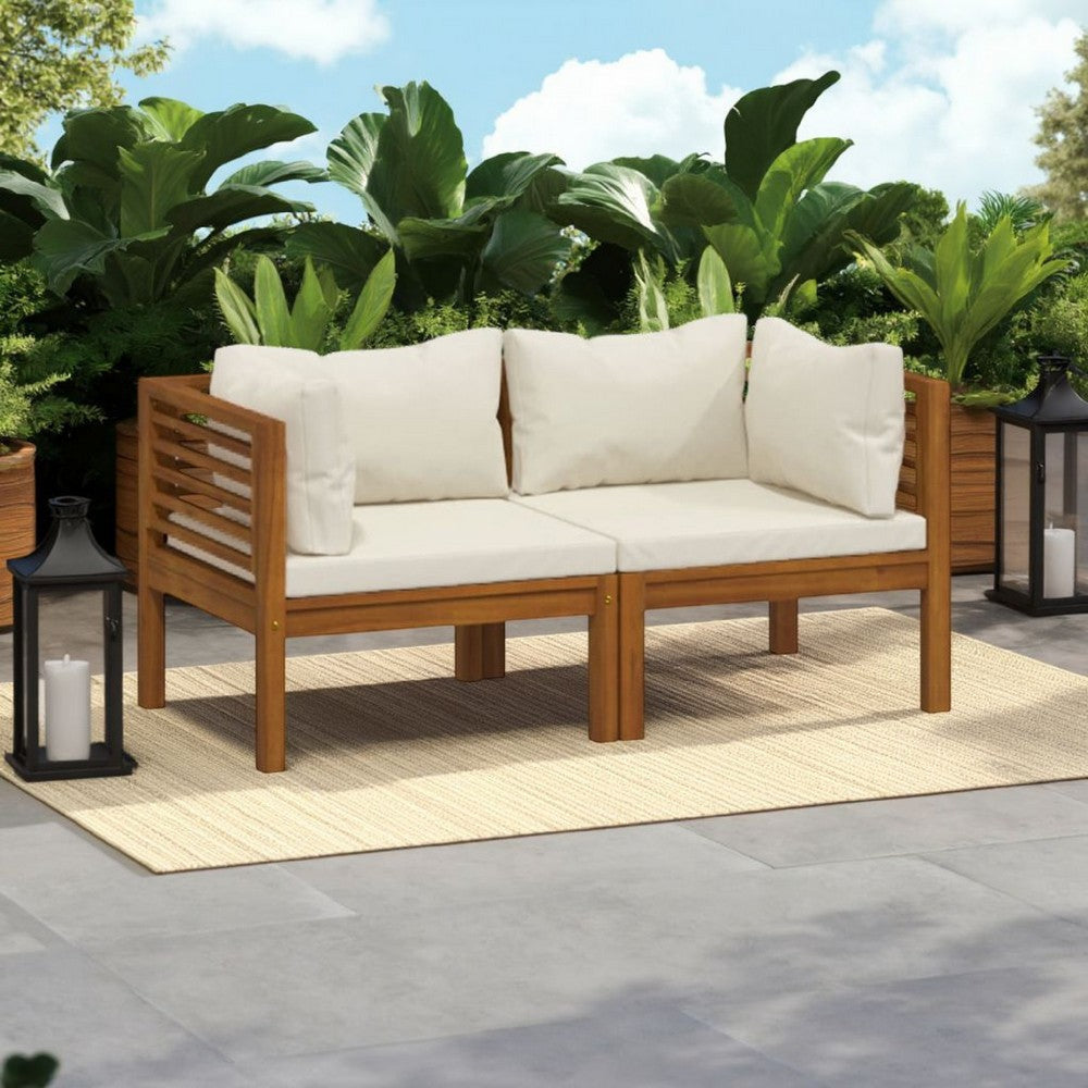 Luna 2pc Modular Outdoor Sofa, Cream 27" Slatted Solid Acacia Wood