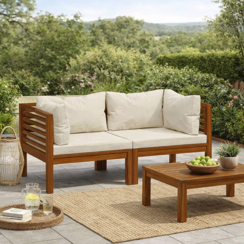 Luna 2pc Modular Outdoor Sofa, Cream 27" Slatted Solid Acacia Wood