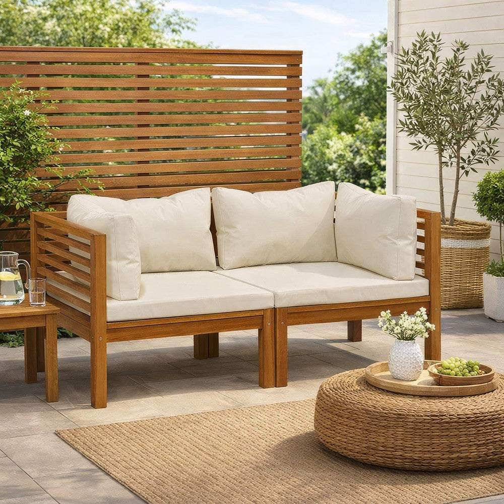 Luna 2pc Modular Outdoor Sofa, Cream 27" Slatted Solid Acacia Wood