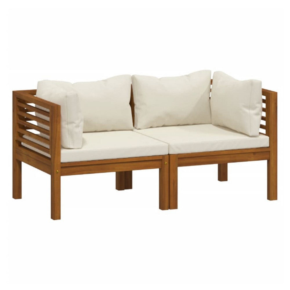 Luna 2pc Modular Outdoor Sofa, Cream 27" Slatted Solid Acacia Wood