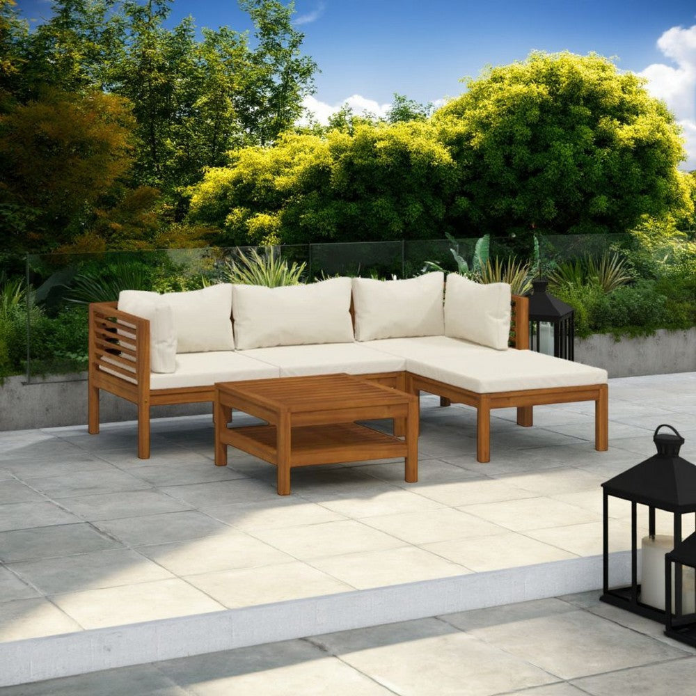 Luna 5pc Modular Outdoor L Sofa and Acacia Wood Coffee Table, Cream