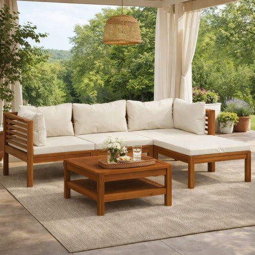 Luna 5pc Modular Outdoor L Sofa and Acacia Wood Coffee Table, Cream