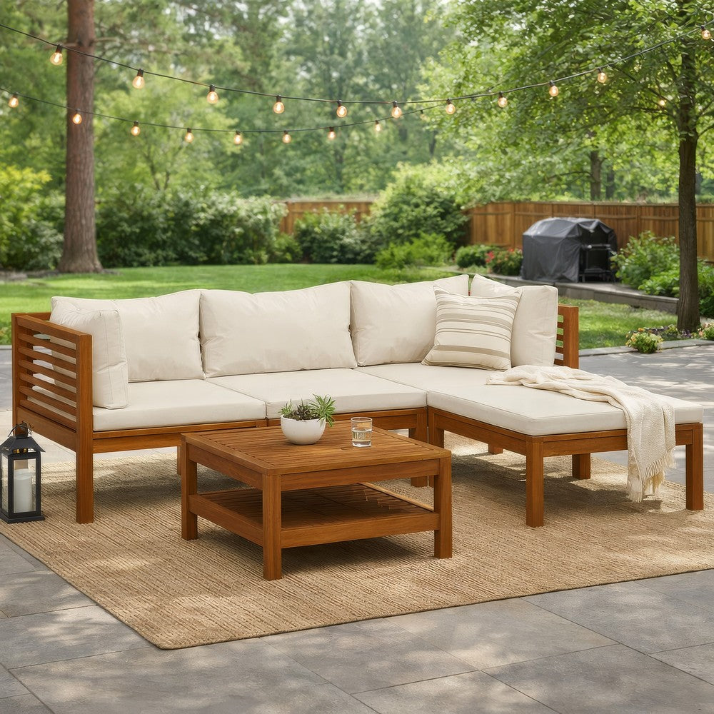 Luna 5pc Modular Outdoor L Sofa and Acacia Wood Coffee Table, Cream