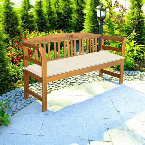 Jenny Outdoor Bench, Beige Cushioned Seat, X Legs, 47" Acacia Wood