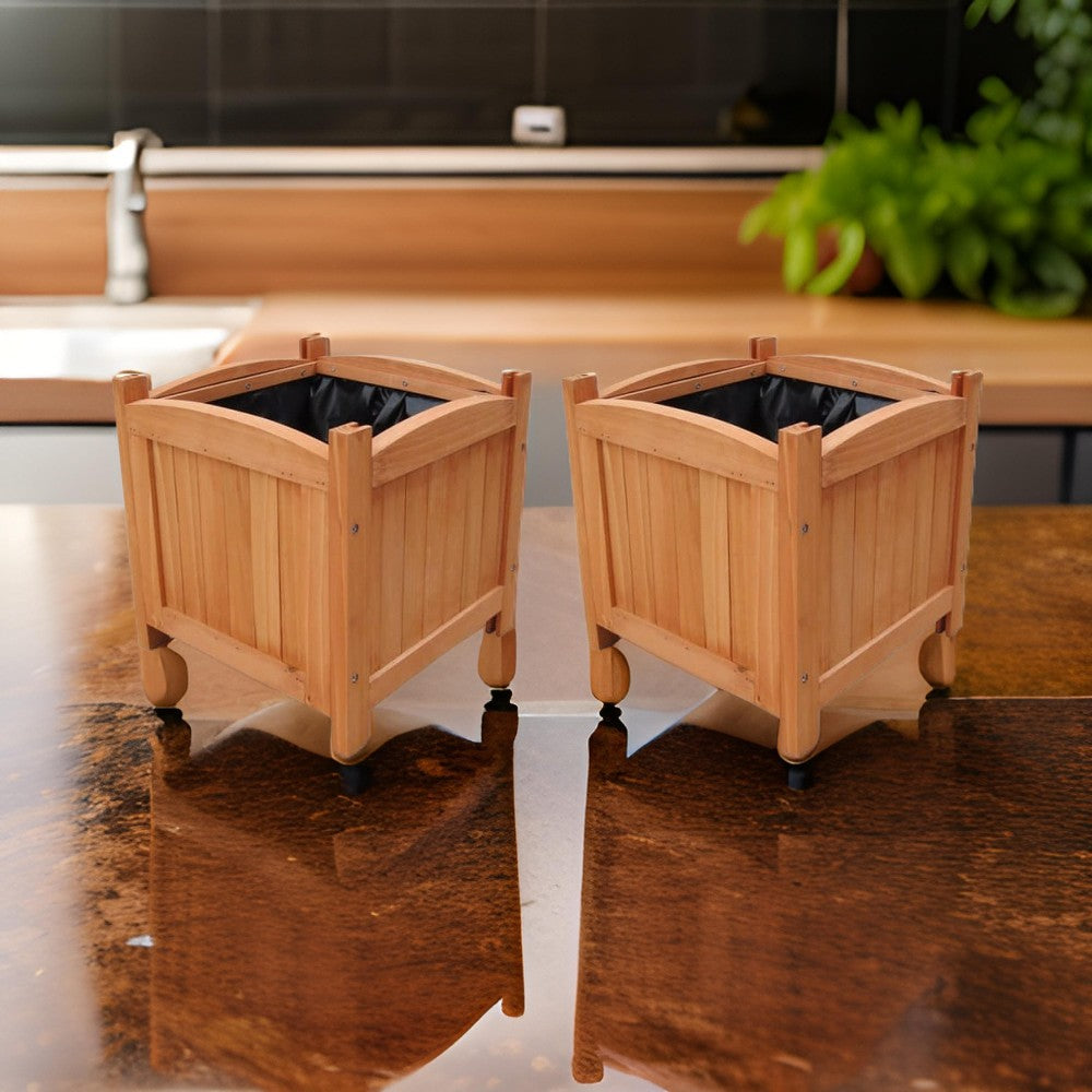 Outdoor Planter Set of 2, 12 Inch Square Natural Brown Solid Wood
