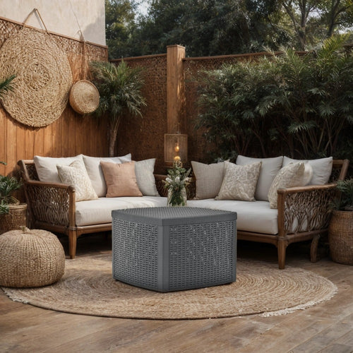 Outdoor Side End Table, 21" Square Rattan Design, Anthracite Gray