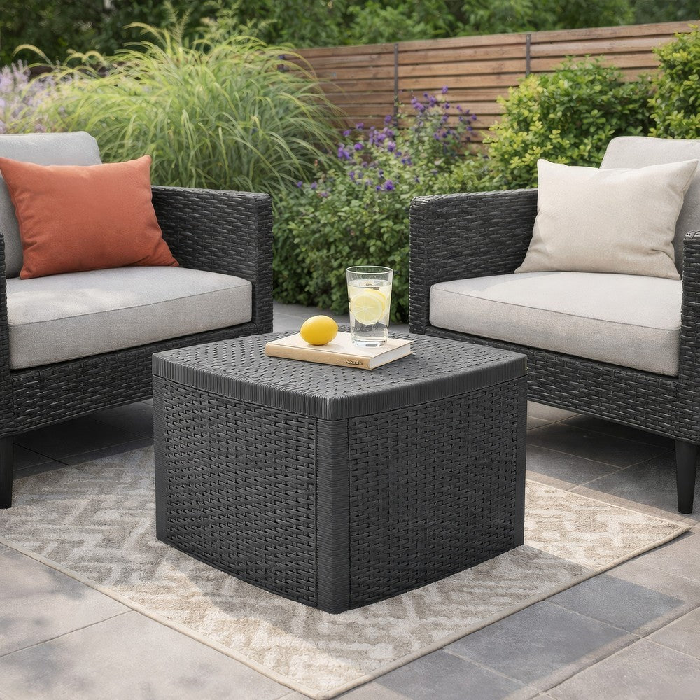 Outdoor Side End Table, 21" Square Rattan Design, Anthracite Gray