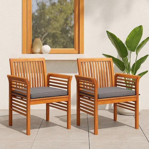 Kim Outdoor Set of 2, Geay Seat Armchair, Brown Acacia Wood