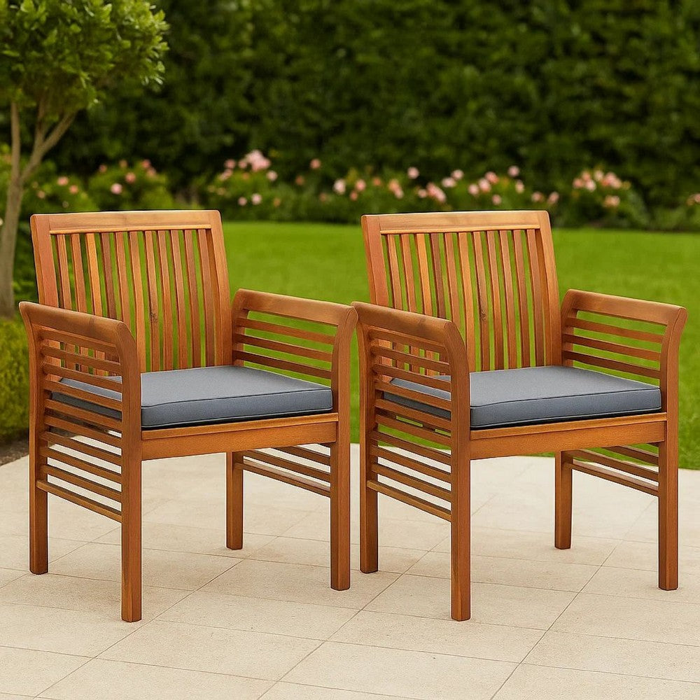 Kim Outdoor Set of 2, Geay Seat Armchair, Brown Acacia Wood