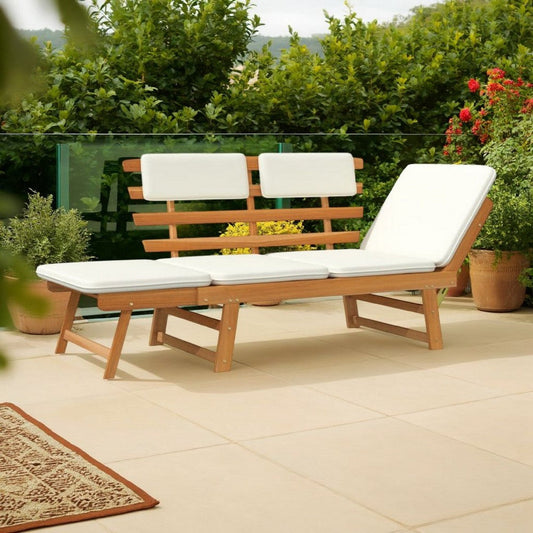 Outdoor Bench, Folding 2 in 1 Style, White Cushions, Brown Acacia Wood