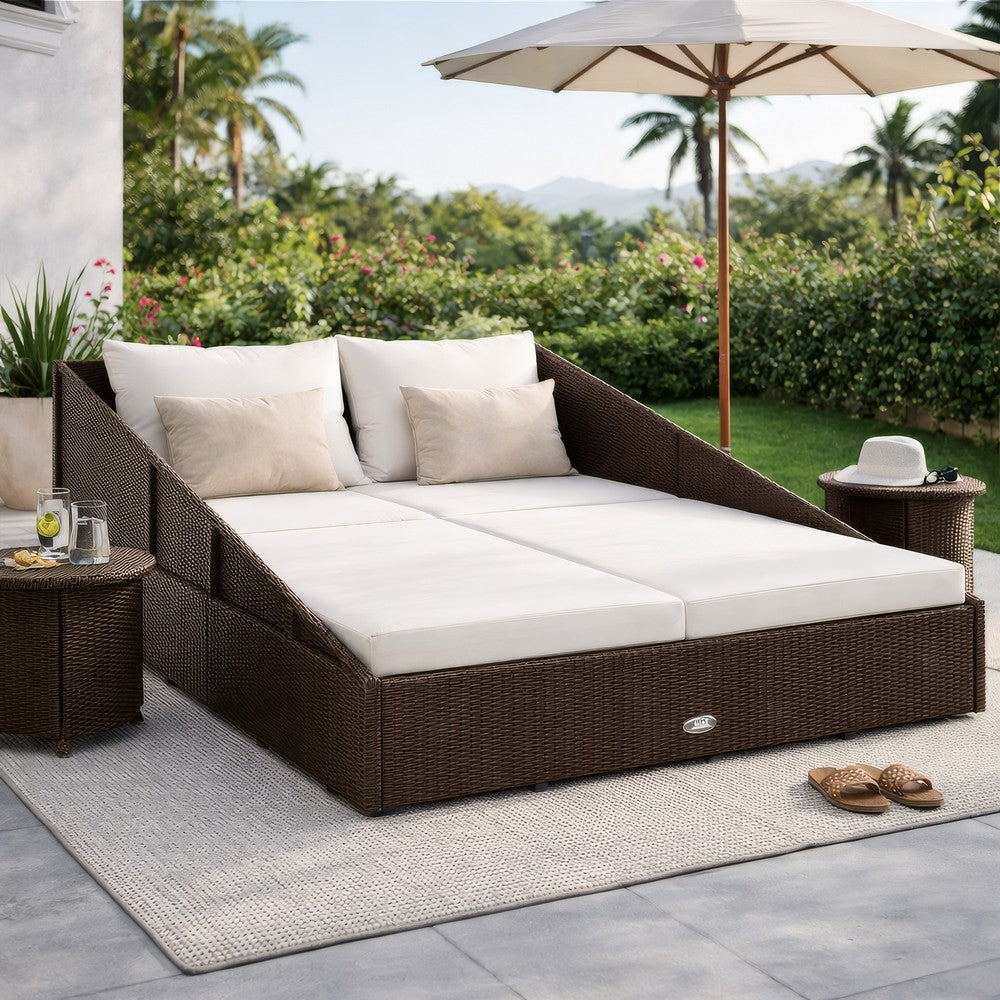 Garden Outdoor Daybed, White Polyester Cushions, Brown Poly Rattan
