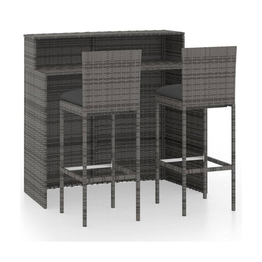 3pc Outdoor Bar Table Set with 2 Chairs, Black Poly Rattan and Metal