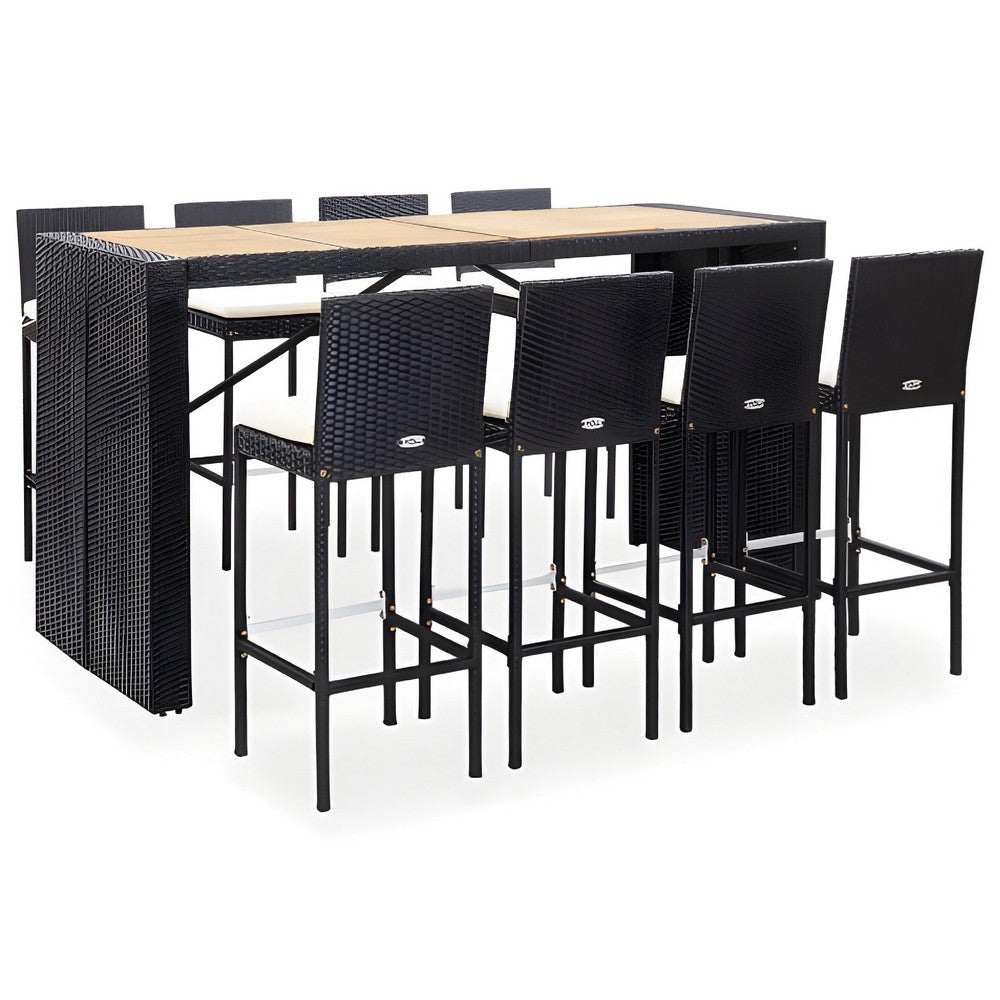 9pc Outdoor Bar Table Set with 8 Chairs Black Poly Rattan Acacia Wood BM326292