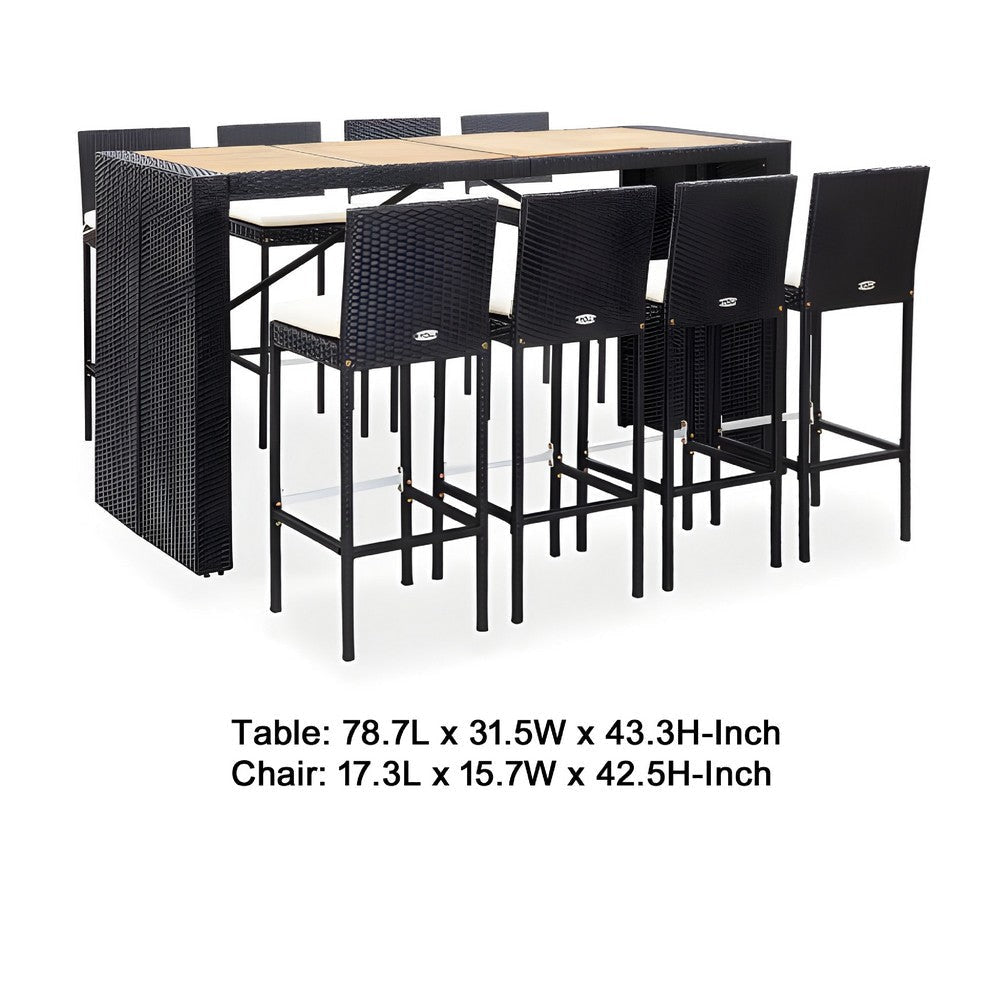 9pc Outdoor Bar Table Set with 8 Chairs Black Poly Rattan Acacia Wood BM326292