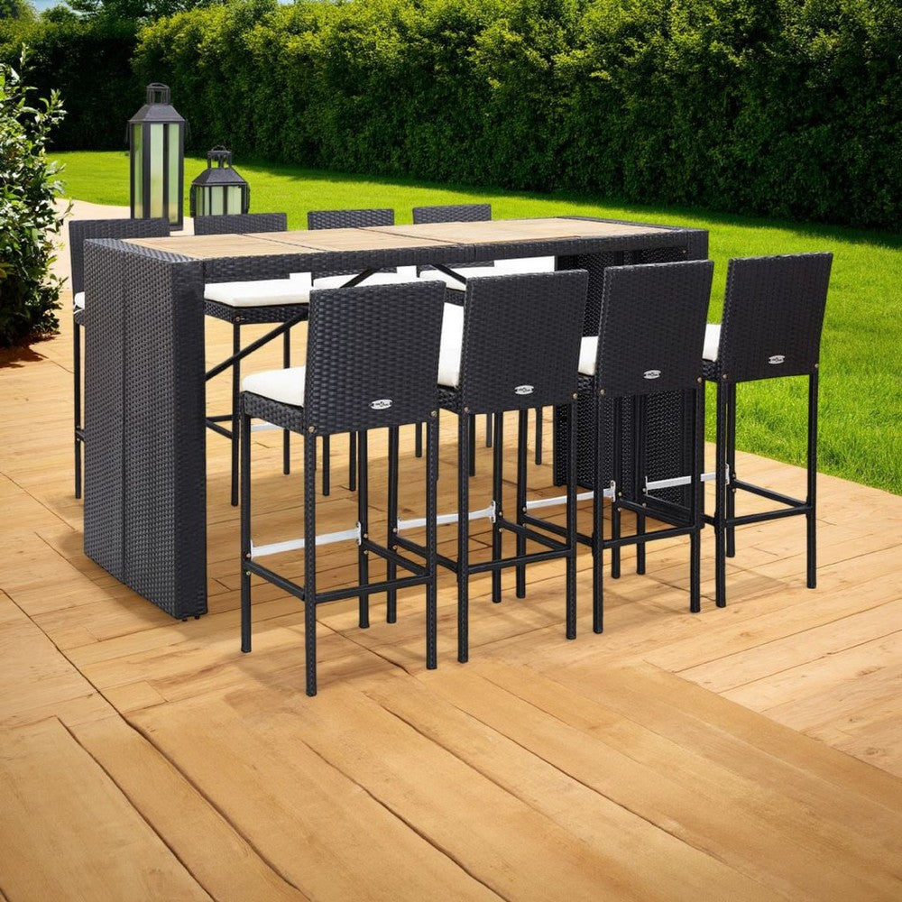 9pc Outdoor Bar Table Set with 8 Chairs Black Poly Rattan Acacia Wood BM326292