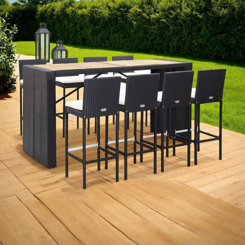 9pc Outdoor Bar Table Set with 8 Chairs Black Poly Rattan, Acacia Wood