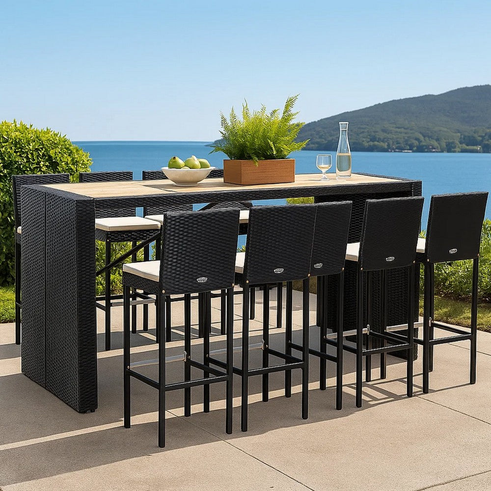 9pc Outdoor Bar Table Set with 8 Chairs Black Poly Rattan, Acacia Wood
