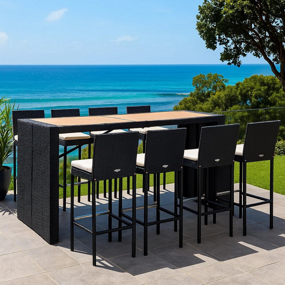 9pc Outdoor Bar Table Set with 8 Chairs Black Poly Rattan Acacia Wood BM326292