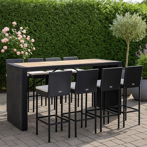 9pc Outdoor Bar Table Set with 8 Chairs Black Poly Rattan, Acacia Wood