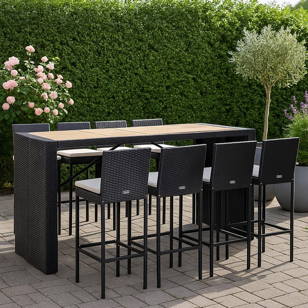 9pc Outdoor Bar Table Set with 8 Chairs Black Poly Rattan, Acacia Wood