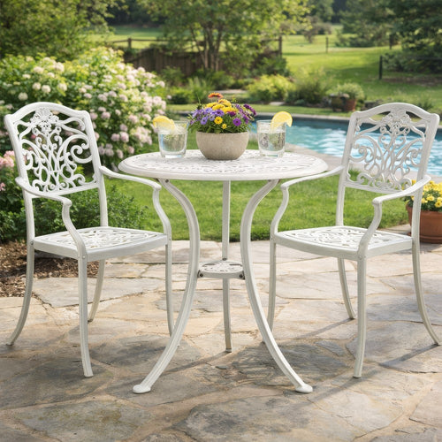 Outdoor Side Bistro Table, 24" White Top, Aluminum Curved Legs