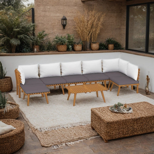 Roma 8pc Modular Outdoor Sofa and Table Set, Solid Acacia Wood, Gray