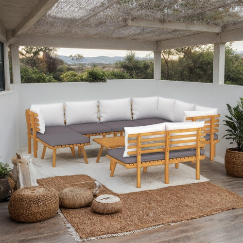 Roma 9pc Modular Outdoor Sofa and Table Set, Solid Wood, Gray, White