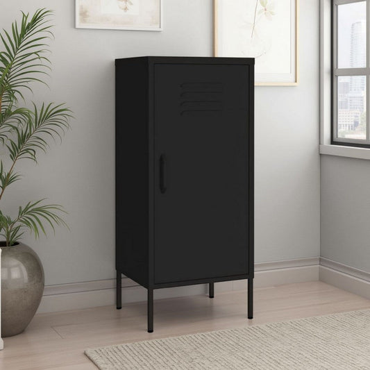 Tall Storage Cabinet, 1 Door, 2 Shelves, Modern Matte Black Steel