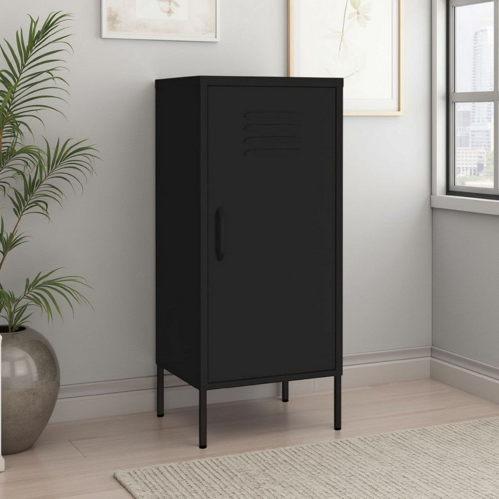 Tall Storage Cabinet, 1 Door, 2 Shelves, Modern Matte Black Steel