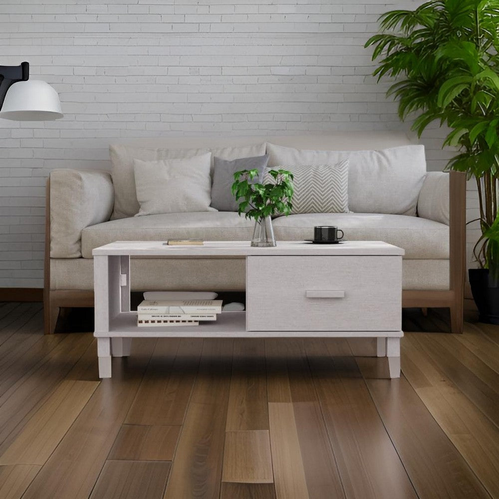 Coffee Table, Rectangular, Storage Drawer, White Solid Pine Wood