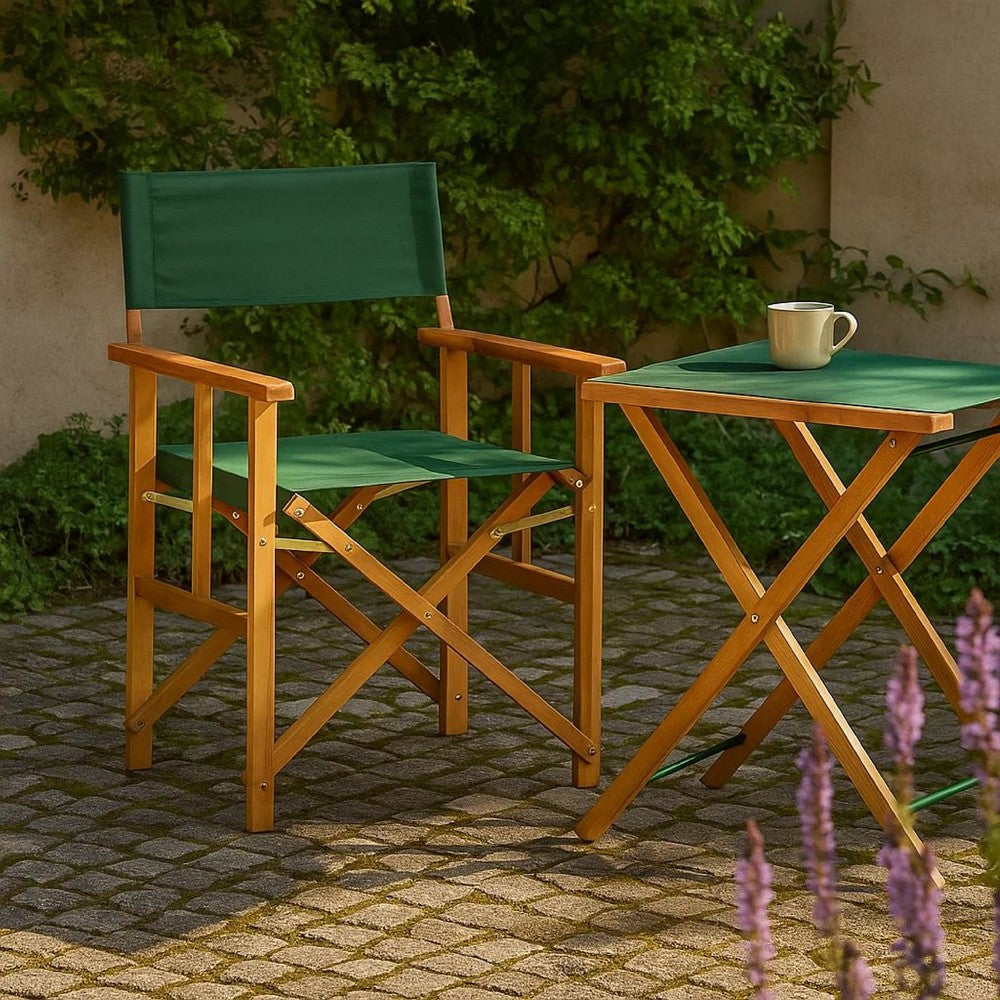 Outdoor Foldable Directors Chair, Brown Acacia Wood, Green Fabric